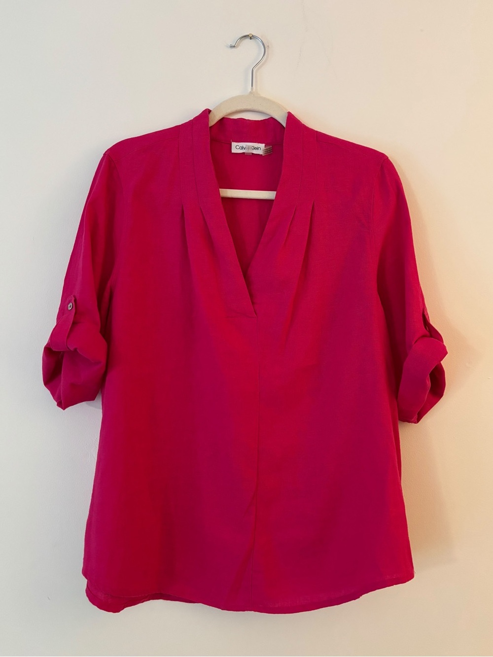 Calvin Klein Linen Blend Blouse Womens L Hot Pink Split V Neck Roll Tab Sleeve